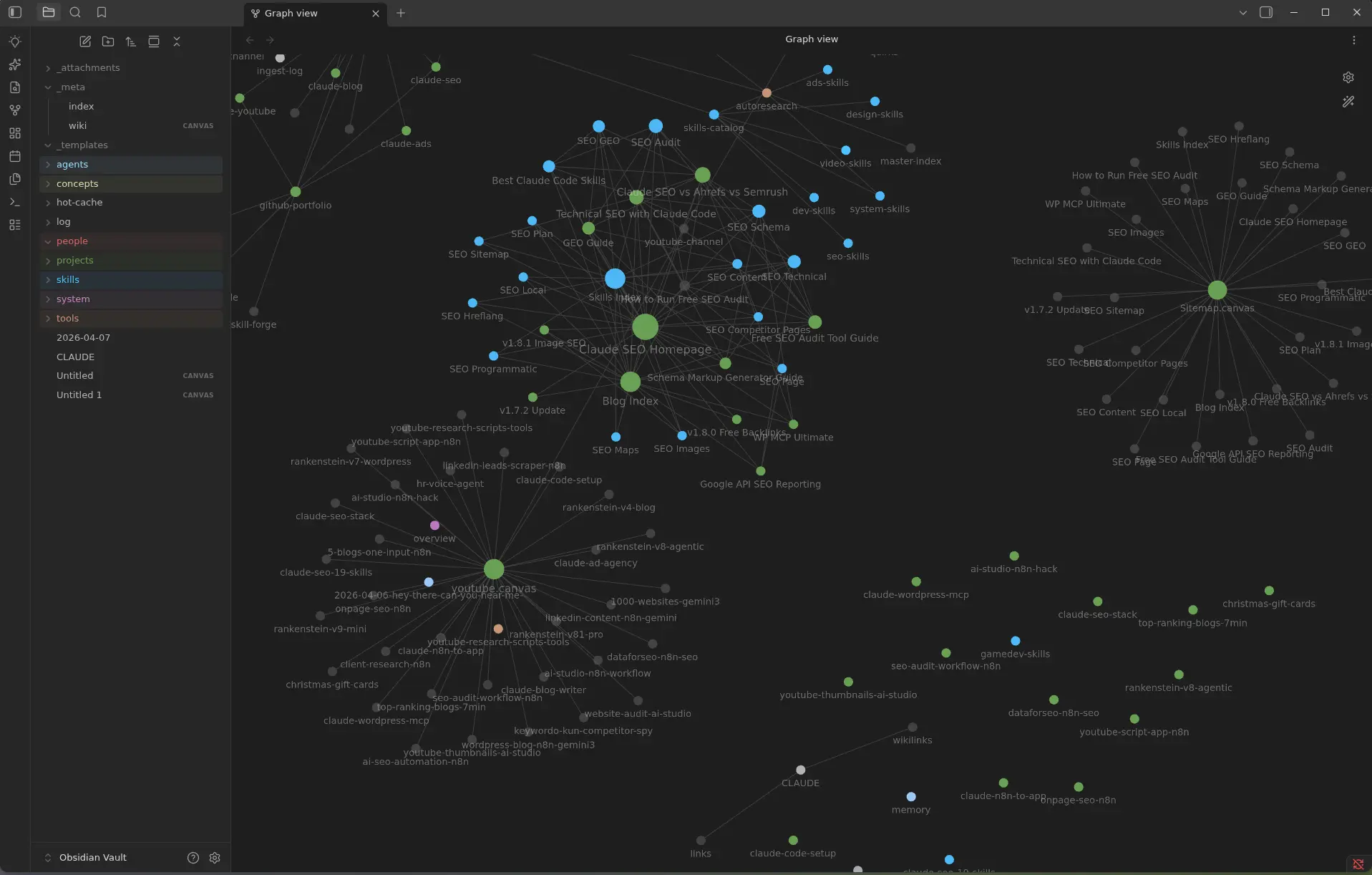 Obsidian graph view showing interconnected wiki nodes from claude-obsidian with color-coded entities and concepts